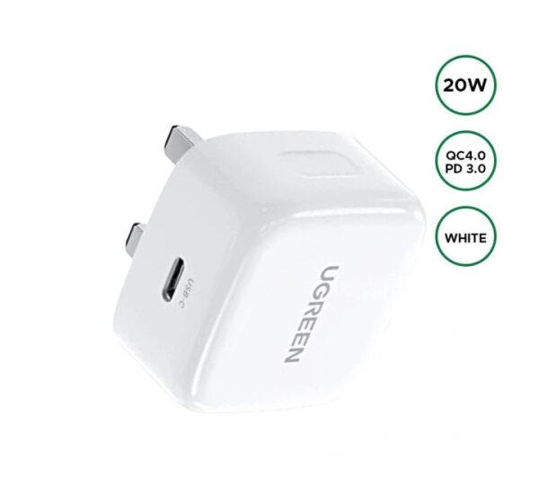 UGREEN 20W Type-C GaN Fast Charging Adapter UK (White)- CD137 – 60451 – 1 Year Warranty